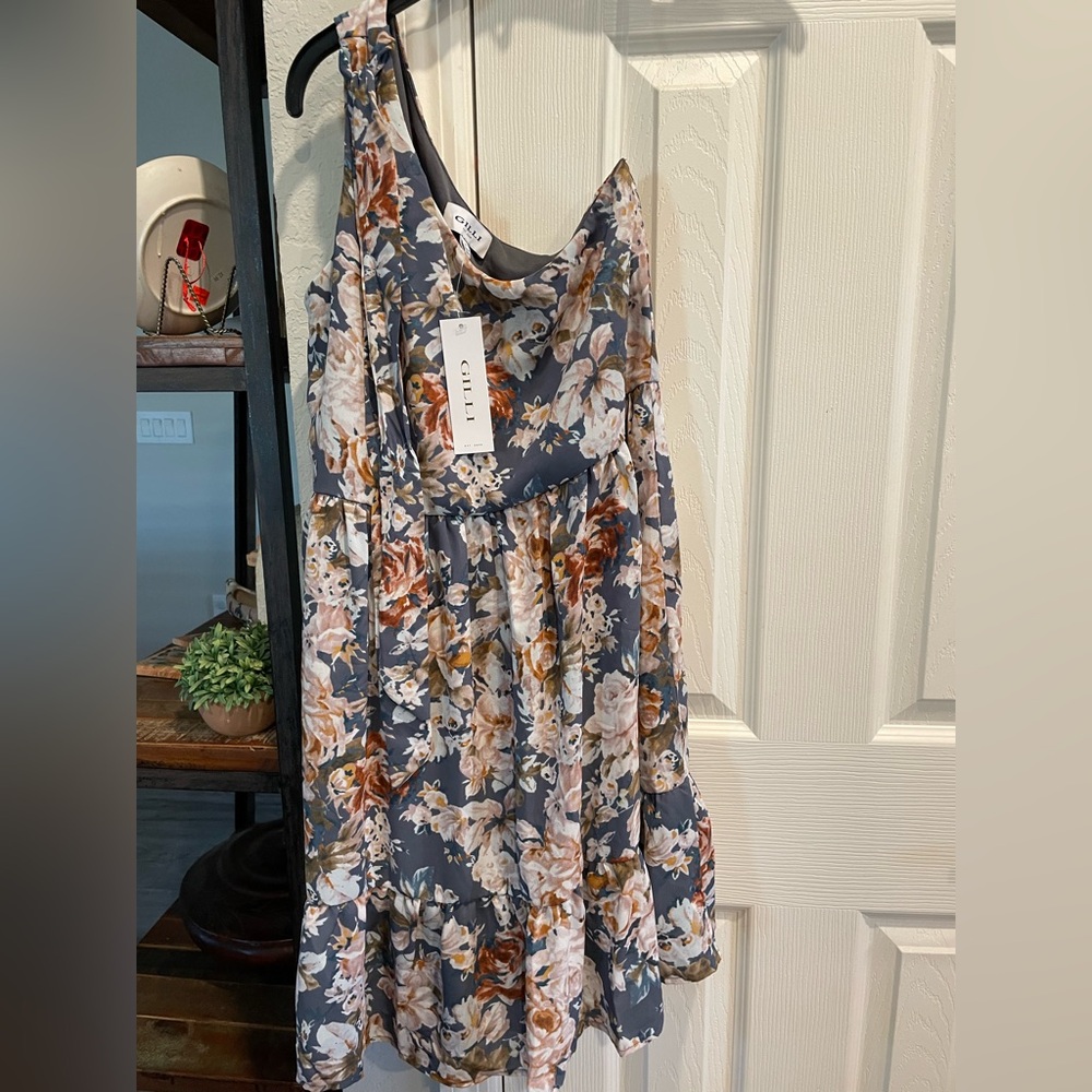 Gilli one shoulder Gray Peach Floral sleeveless above Knee elastic waist dress S